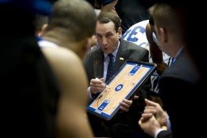 Duke University head coach Mike Krzyzewski talks to his team during a timeout while during a game against the University of Virginia at Duke University, NC, Jan. 12, 2012. DoD photo by D. Myles Cullen